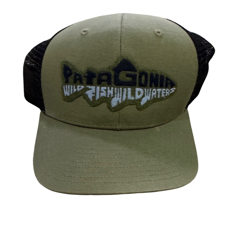 Patagonia Wild Fish Wild Waters Trucker Hat Olive Green Mesh Snapback Cap Mens